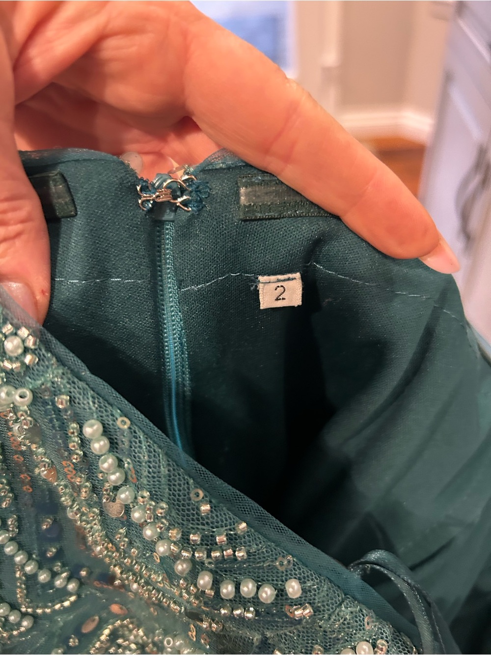 Beaded Evening Dress with Long Beaded Cape in Teal-Blue - Picture 10 of 10
